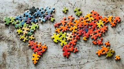 Colorful Jigsaw Puzzle World Map on Rustic Surface: A Global Connection