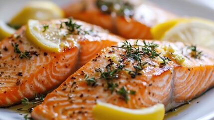 Delicious grilled salmon with lemon and herbs for gourmet dining experience