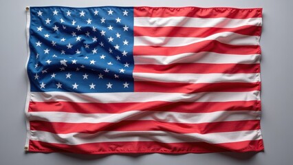 Obraz premium A vibrant U.S. flag dances on a windy day, tethered by a slender white string to a weathered gray wall. Its star-studded blue field catches the light, evoking national pride