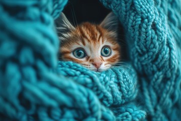 Cute kitten wrapped in cozy blue knitted blanket with big eyes