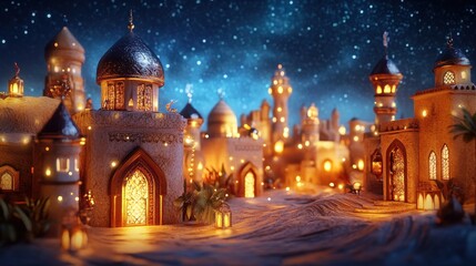 Obraz premium Illuminated Arabian Cityscape Under Starry Night Sky