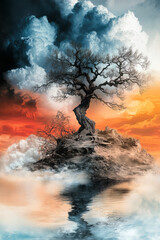 Fototapeta premium A serene landscape where natural elements like water, earth, and air blend seamlessly with abstract poetic symbols and flowing verses,