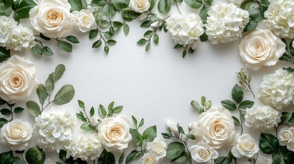 Exquisite Arrangement of Beautiful White Roses and Hydrangeas Framed by Greenery on a Soft Textured Background for Elegant Decor