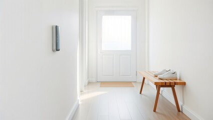 Fototapeta premium Smart Home Entrance. Modern minimalist hallway with wireless control button mounted on white wall, featuring wooden bench and white sneakers.