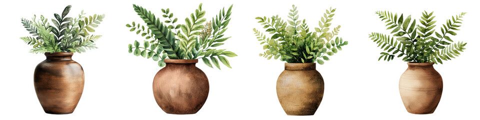 Various Potted Plants in Rustic Ceramic Vases on Wooden Background