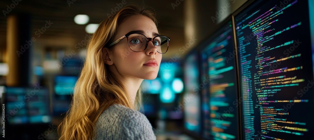 Poster focused young female programmer examines lines of code on multiple monitors in a dark office