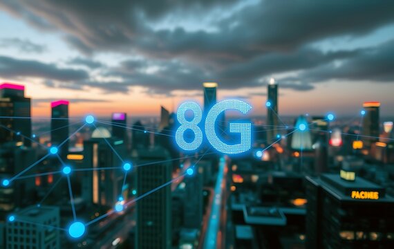 A futuristic cityscape at sunset, emphasizing the concept of 8G technology