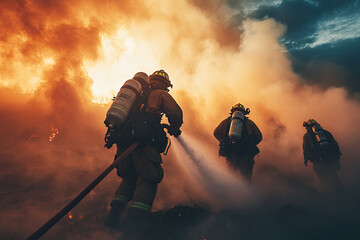 A determined firefighter standing at the edge of a blazing wildfire, equipped with a fire rake, amidst glowing flames and a dramatic smoky forest landscape at night.