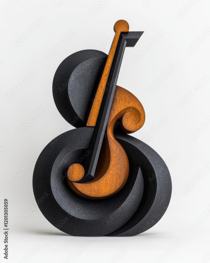 Poster an abstract sculpture combining elements of musical instruments and mathematical forms, symbolizing 