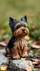 Fototapeta premium Cute yorkshire terrier sitting out in nature, papercraft, with white tones