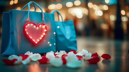 Decorative shopping bags illuminated with a heart shape on floor scattered with rose petals in a festive atmosphere