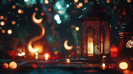 Illuminated Lantern with Festive Lights and Bokeh