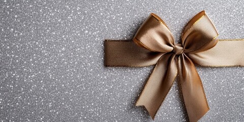 Elegant gold ribbon bow on sparkling silver background