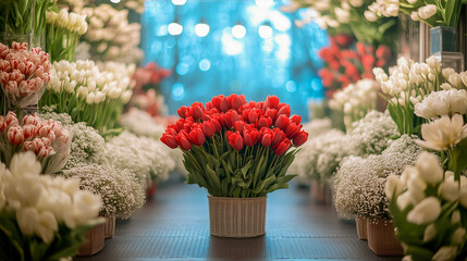 Colorful tulip display in a flower market during spring time showcasing vibrant blooms and fresh flowers