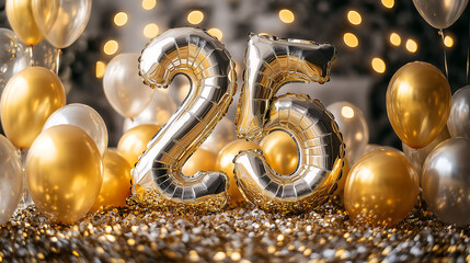 Celebrating a special 25th birthday with golden balloons and festive decorations in a joyful atmosphere