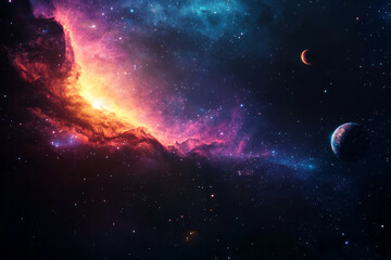 Obraz premium A cosmic scene where celestial bodies move in harmony, reflecting philosophical ideas about the interconnectedness of the universe,