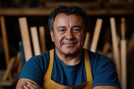 Middle-aged hispanic male carpenter in workshop with tools and wooden planks National Woodworking Month
