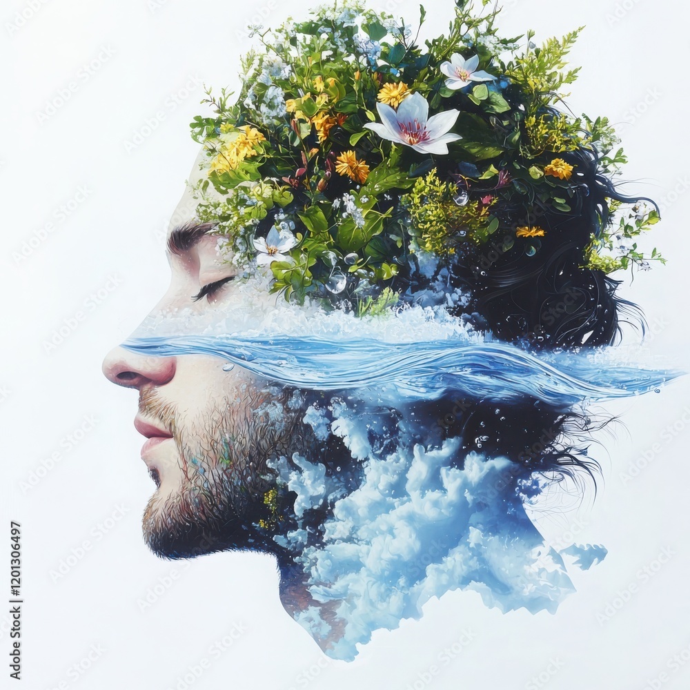 Poster Artistic portrait of a man with floral and oceanic elements studio setting mixed media artwork surreal environment side profile view conceptual representation of nature and emotion