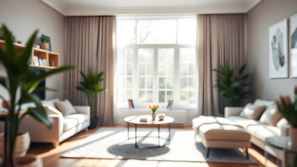 Fototapeta premium Blur living room at home with morning sunlight at big window for background usage. blur interior background concept. white, bright tone. Generative AI