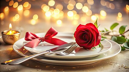 Romantic dinner, elegantly set with rose, cutlery, and ribbon; a tilt-shift top view reveals festive detail.