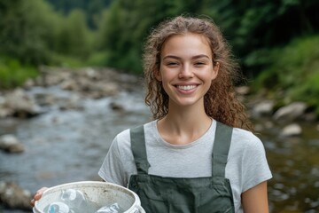 Student Volunteering Week Young caucasian female environmentalist collecting plastic waste in nature