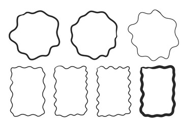 Zig zag frame border squiggle wavy set, underline brush stroke curved edges hand drawn empty tet box. Speech bubble badge jagged abstract shape.