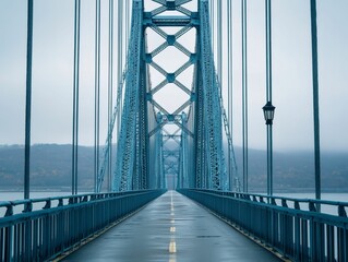 Fototapeta premium Long bridge with towers, cables, and foggy horizon.