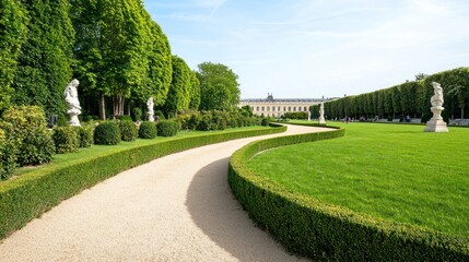 Curved pathway through a manicured garden with sculptures.