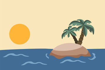 Sea landscape at sunset, island with palm trees. Vector illustration, simple cartoon style