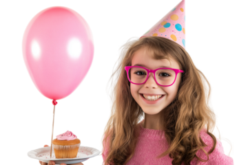Portrait of a smiling young woman wearing pink glasses and a party hat, holding a balloon and a plate with a transparent backgraund