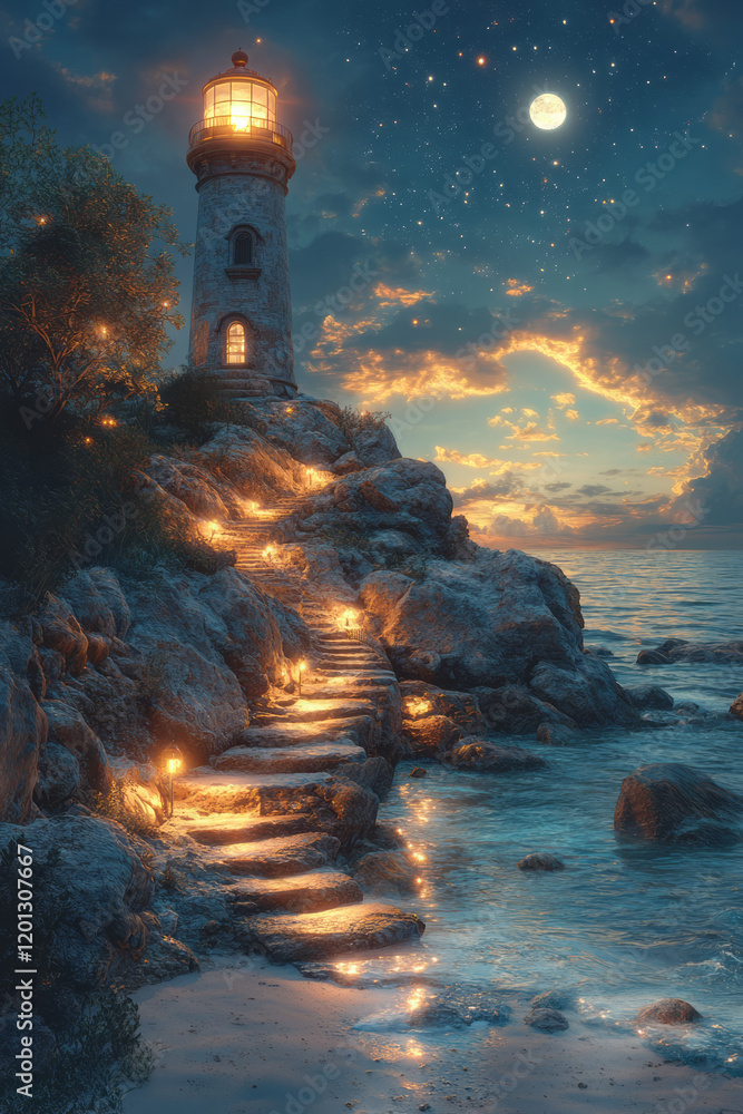 Poster a serene depiction of a coastal lighthouse equipped with astronomical instruments, symbolizing the h