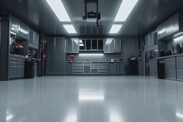 Modern sleek garage interior, storage, tools, lighting, epoxy floor
