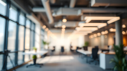 Obraz premium Blurred empty open space office. Abstract light bokeh at office interior background. Generative AI