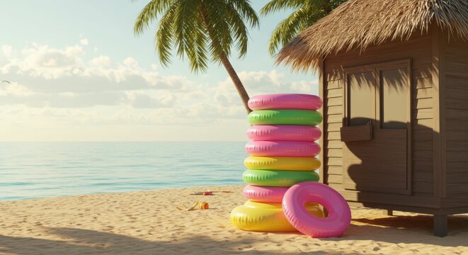 Tropical beach scene with colorful inner tubes and wooden hut under palm trees