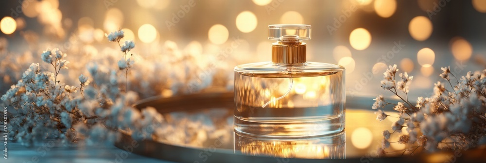 Poster elegant perfume bottle surrounded by delicate flowers and warm bokeh lights in a softly lit setting.