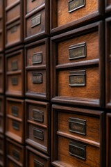Fototapeta premium Vintage wooden library card catalog with brass handles and labels