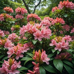 A cluster of azaleas blooming vibrantly, surrounded by soft green leaves on white.