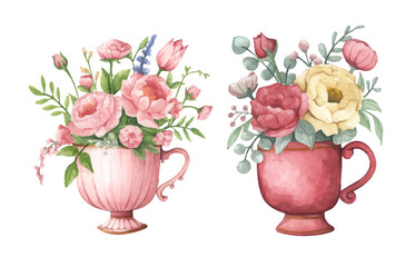 Watercolor floral arrangement in cup.