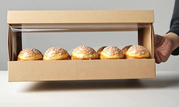 A Cardboard Box with a Clear Window Containing Ten Glazed Paczki