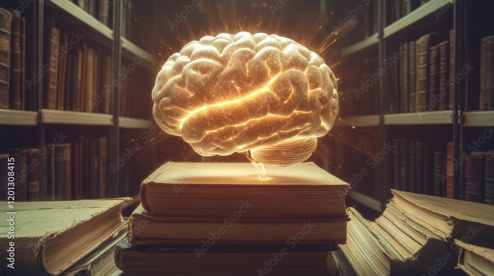 Poster illuminated brain above stack of old books in library