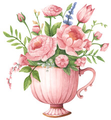 Watercolor floral arrangement in cup.