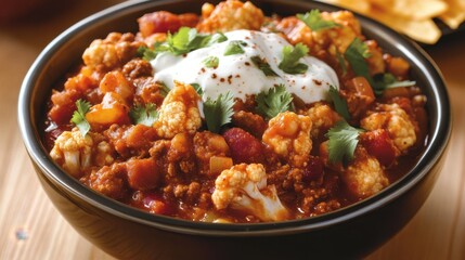 Fototapeta premium Hearty cauliflower chili bowl with sour cream and cilantro garnish