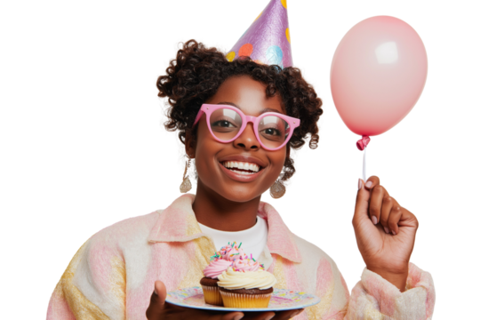  Portrait of a smiling young woman wearing pink glasses and a party hat, holding a balloon. She is also holding a plate with a cupcake and a candle on a transparent background 
