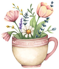 Watercolor floral arrangement in cup.