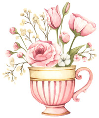 Watercolor floral arrangement in cup.