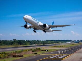 Fototapeta premium Commercial Airplane Taking Off from a Runway Against a Clear Sky