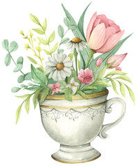 Watercolor floral arrangement in cup.