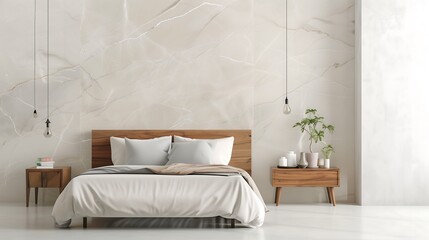 Bedroom interior design with a marble accent wall behind the bed, wooden side tables, and soft beige bedding for a serene ambiance.
