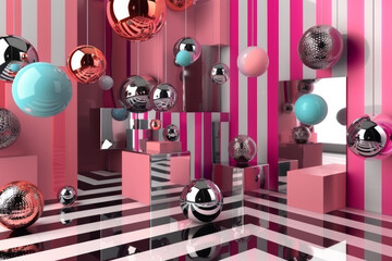 Vibrant Abstract Scene With Geometric Shapes and Colorful Spheres