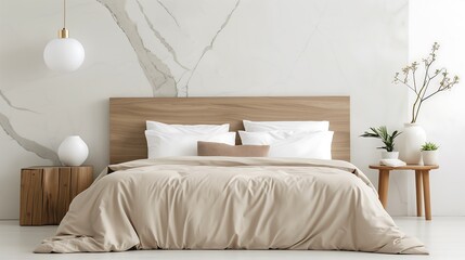 Bedroom interior design with a marble accent wall behind the bed, wooden side tables, and soft beige bedding for a serene ambiance.